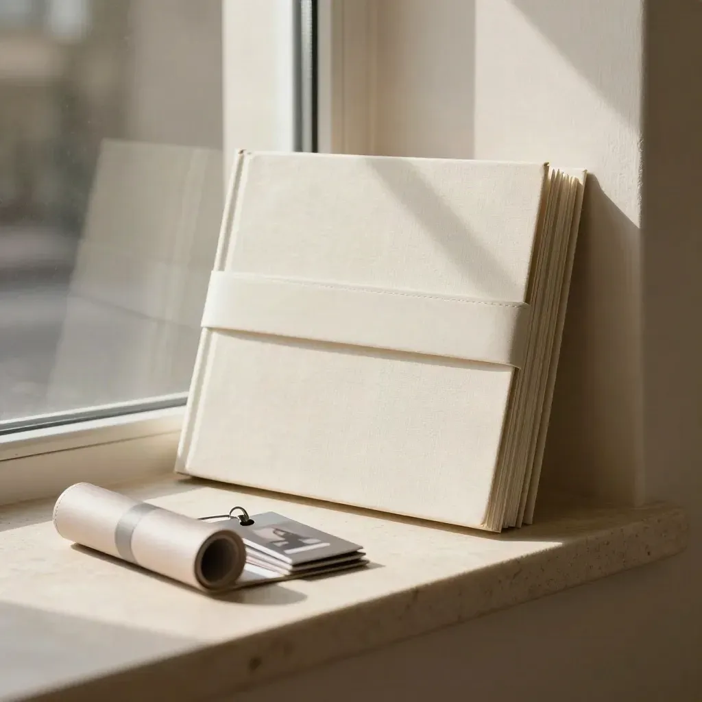 Cream seller launch folio, sample album, key tag and photo tube on a pale stone sill.