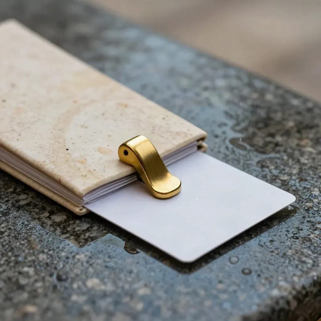 Stone valuation dossier on wet travertine with brass clip and misty drizzle