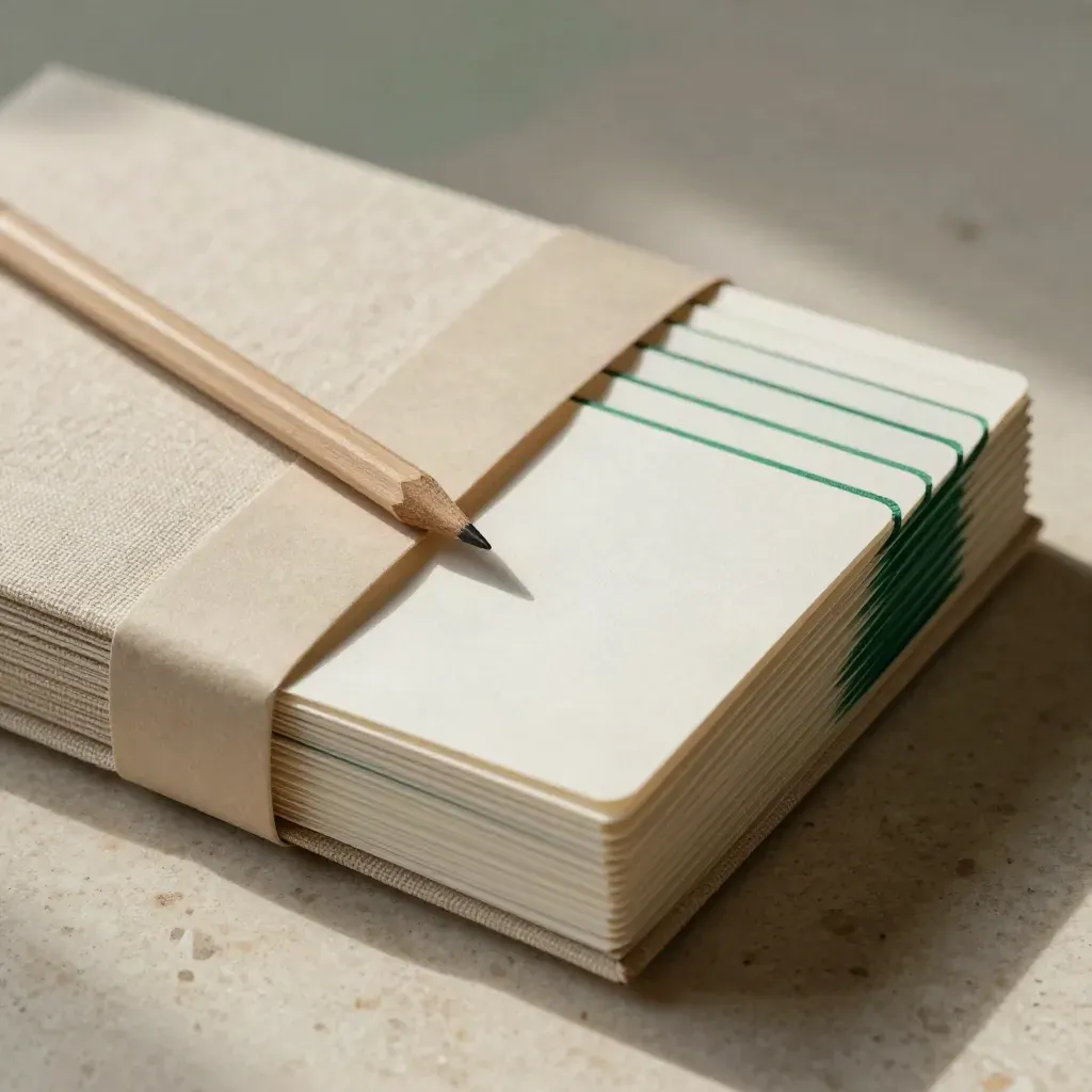 Linen folio with blank cards, pencil stub and paper band on travertine, close-up