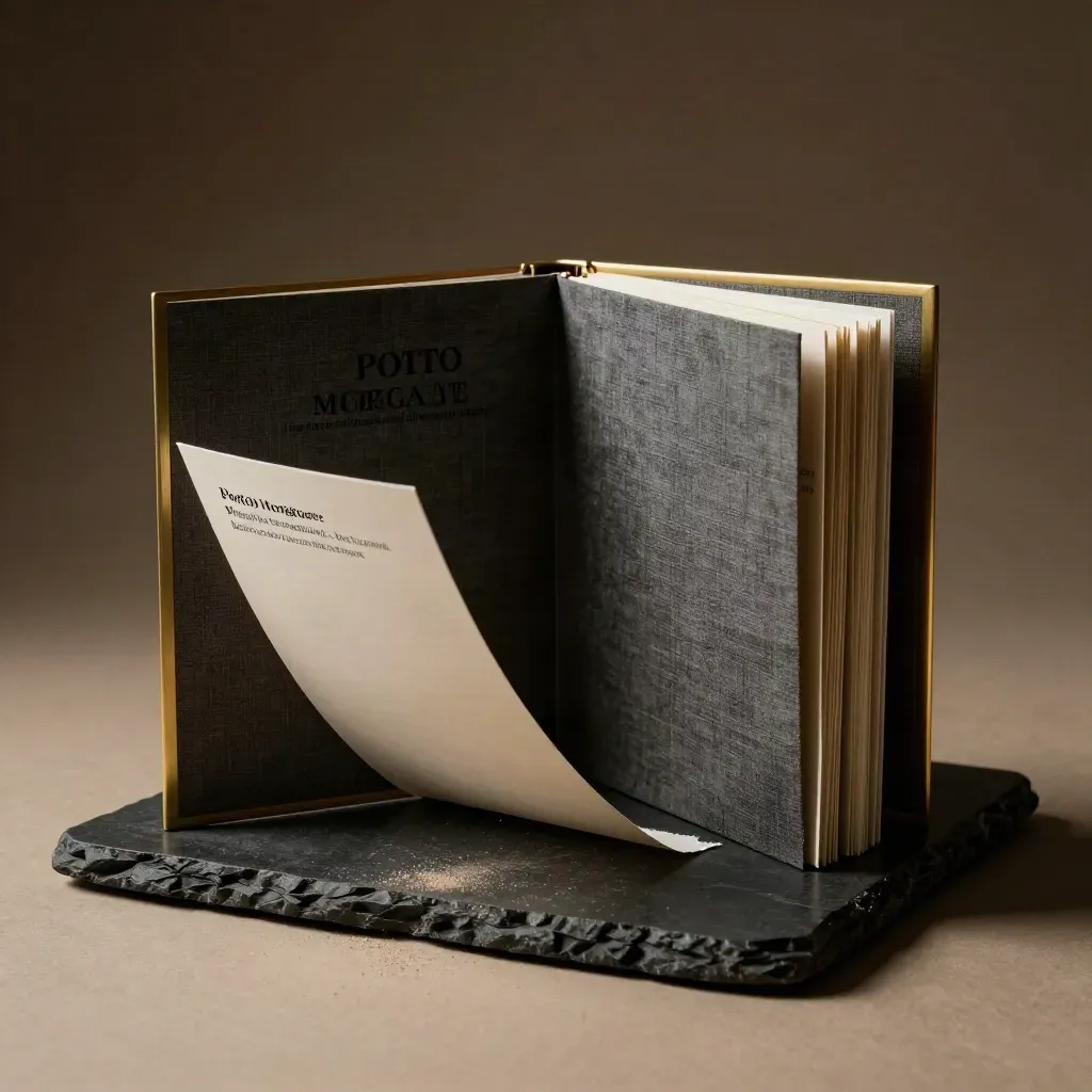 Brass-tab mortgage folio rising from shadow on matte-black stone with paper dust and warm rim light.