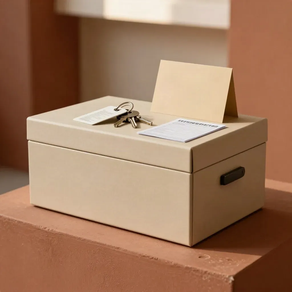Low-angle hero box with keys and tag on terracotta plaster, softly lit and premium.