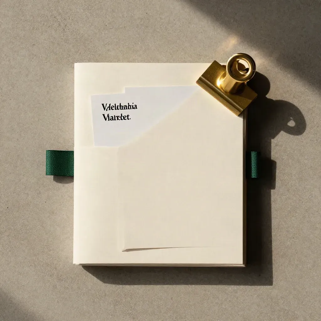 Overhead cream valuation sleeve, folded card and brass seal clip on warm concrete.