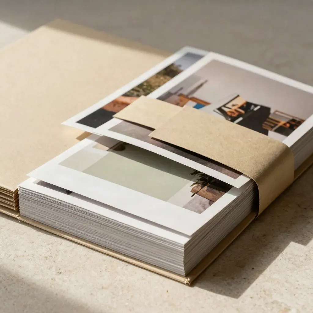 Macro of a matte seller pack folder with fanned photo prints and a paper band