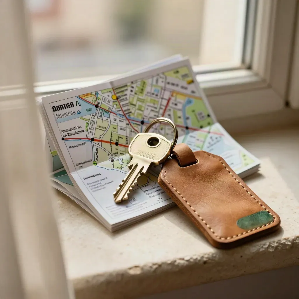 Macro of a move-guide bundle with map, key ring and luggage tag on a windowsill.