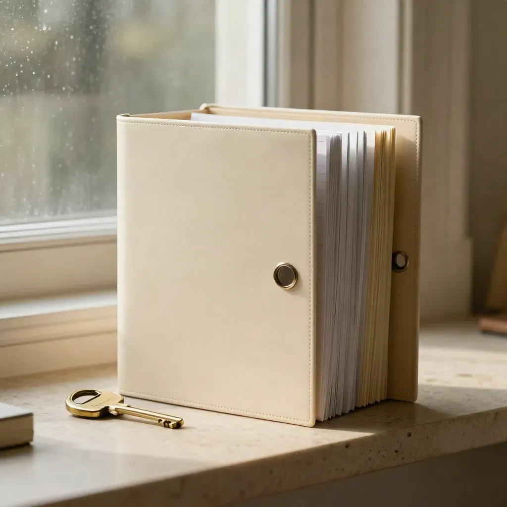 Cream mortgage notes binder with dividers, brass key, on a limestone plinth in soft rain haze