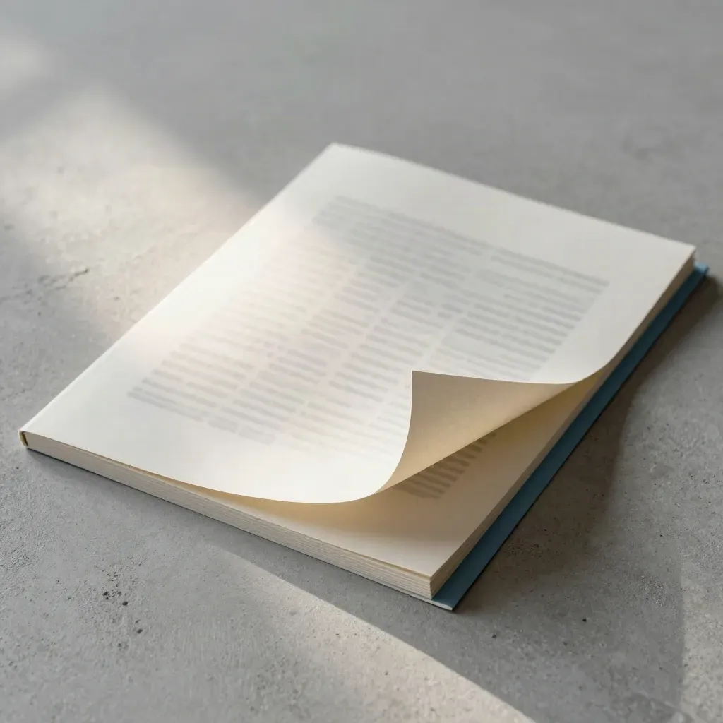 Macro of a Vienna listing review sleeve with glossy proof sheet and paper clip on concrete.