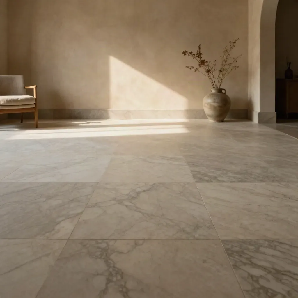 Sunlit marble landing, plaster wall, blurred linen chair and vase in a calm staged interior.
