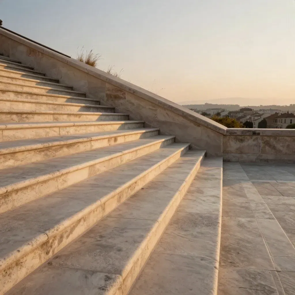 Golden-hour hillside stone steps and terrace edge above a hazy city skyline.