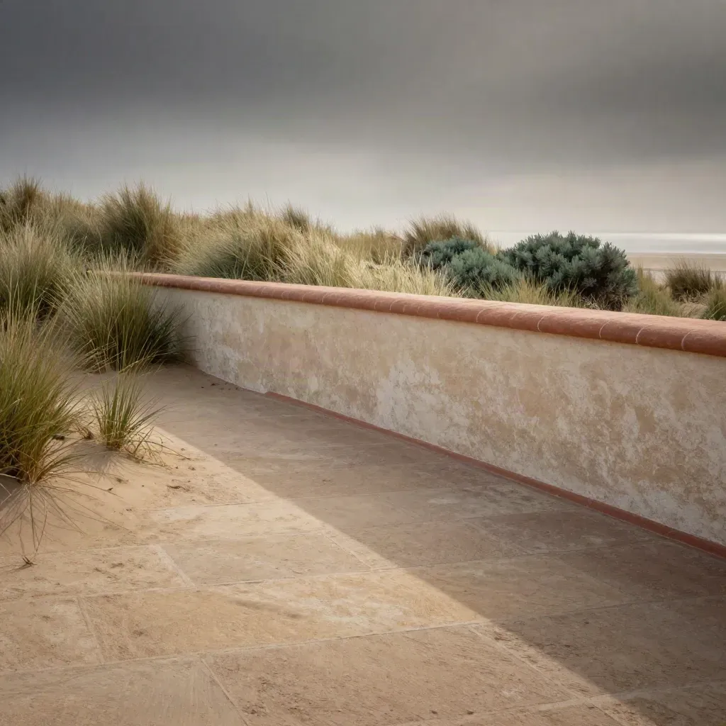 Coastal terrace with grasses, plaster wall and mist under shifting cloud shadow.