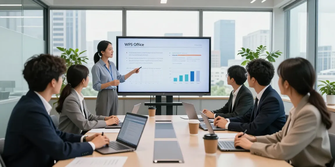 The team discusses features of WPS Official Website in a modern office meeting.