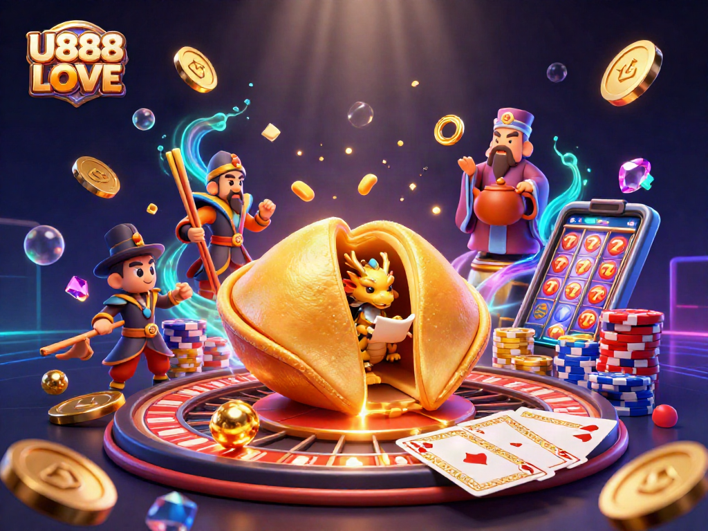 Experience U888 LOVE as a wise dragon reads fortunes amidst vibrant casino treasures.