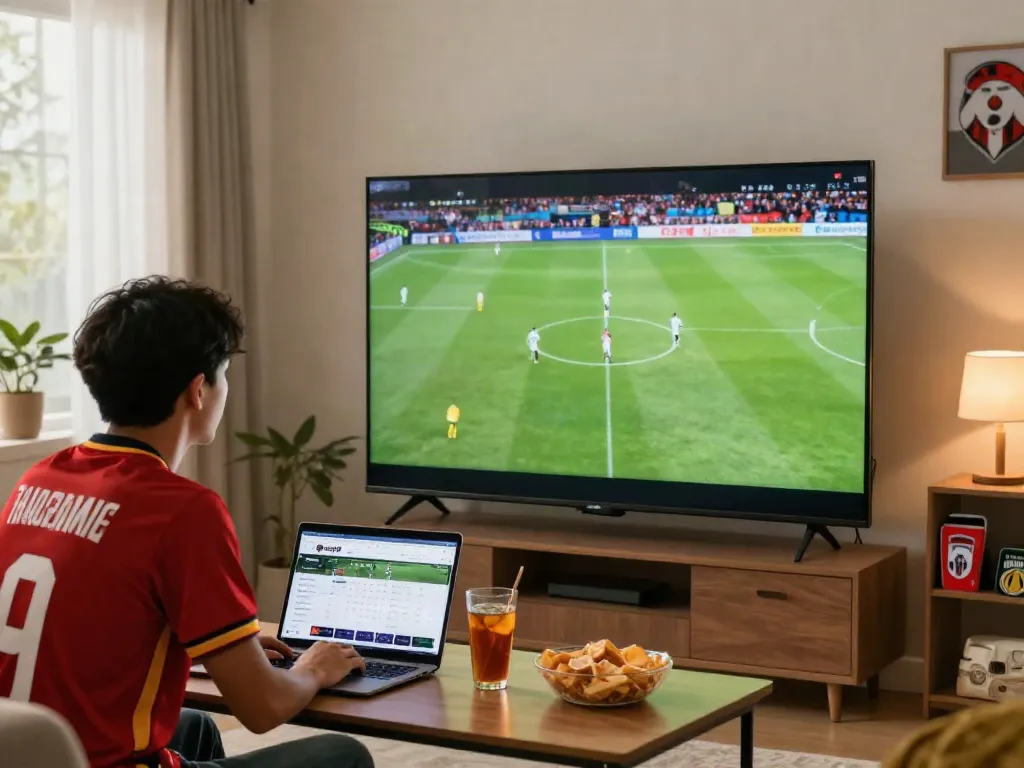 Fan enjoying thập cẩm tv live football in a cozy home setting.