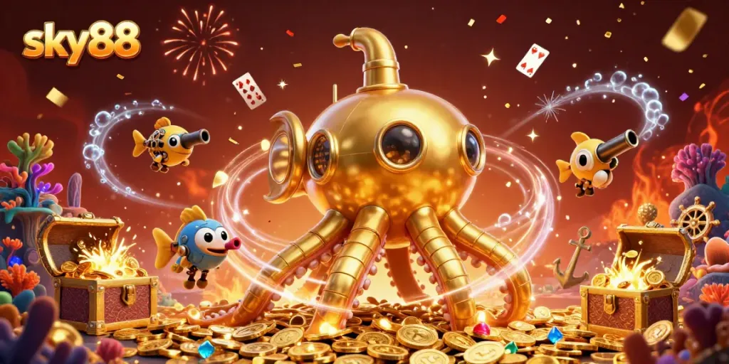 Experience the thrill of sky88 with the golden kraken and mechanical fish in an immersive casino adventure.