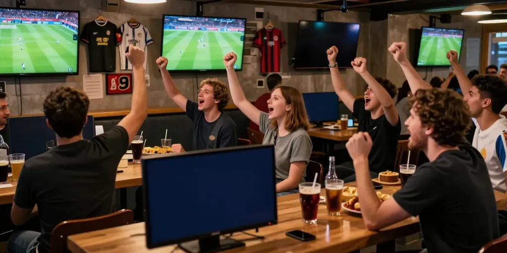 Excited football fans enjoying a live match atmosphere at a sports bar, celebrating xôi lạc tv.