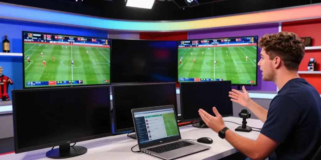 Dynamic scene of a sports streaming studio discussing cà khại tv, featuring the host, live statistics, LED lighting, and energetic atmosphere.
