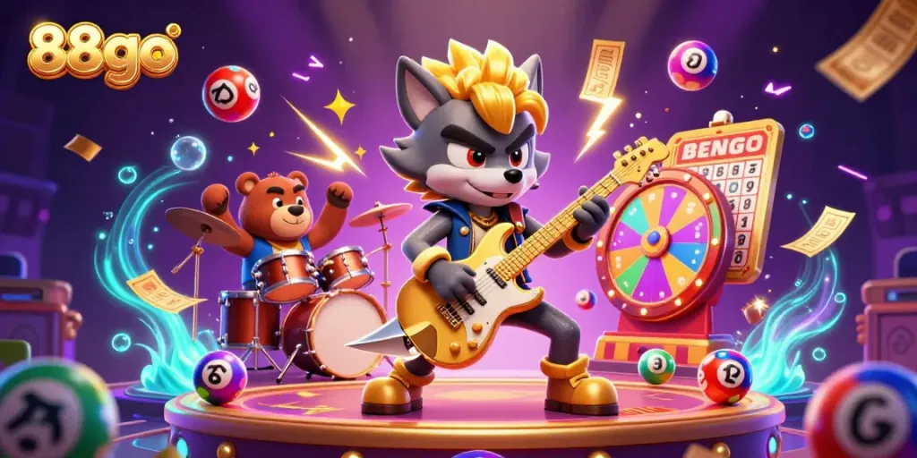 Experience the vibrant casino excitement with 88go's rock star wolf and drummer bear under golden lights.