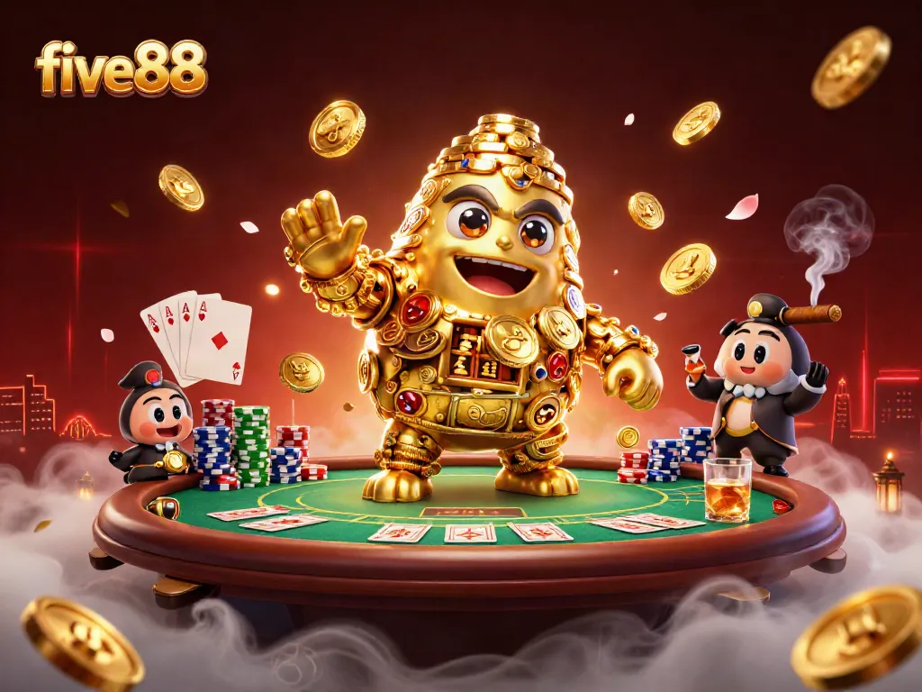 Experience the excitement of five88 with a golden golem guarding a vibrant casino scene.