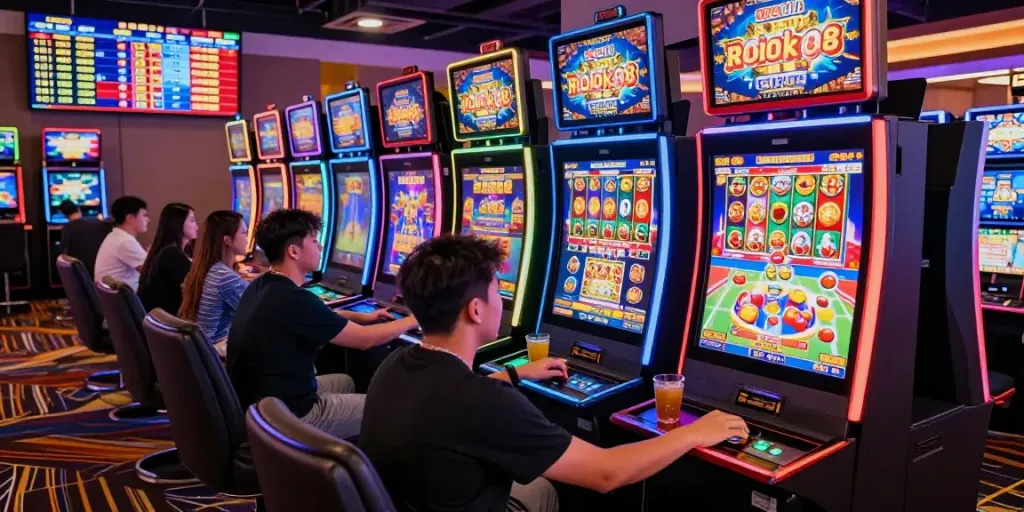 Engaged players exploring rokok88 slot games in a vibrant online casino atmosphere.