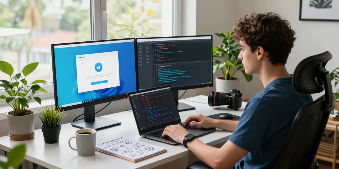 Engaging developer using the Telegram Web Version in a modern office workspace