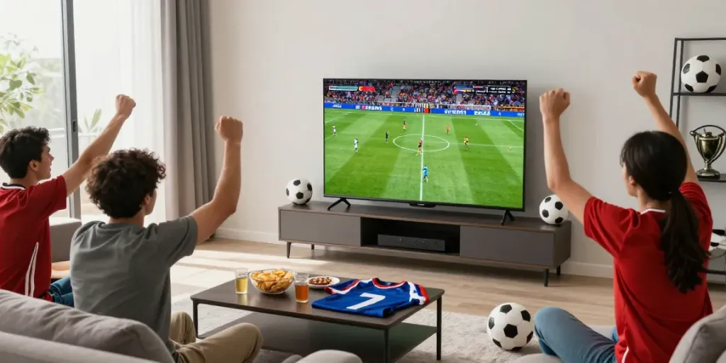Friends enjoying gà vàng tv football match live on HD screen with snacks.