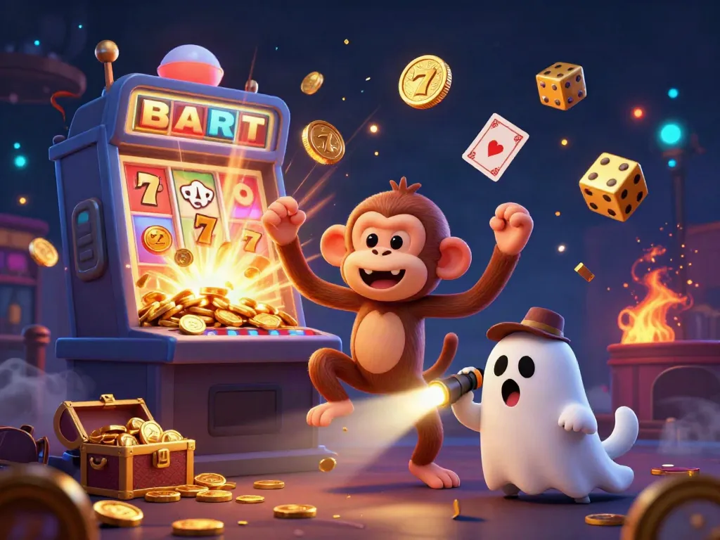 Experience the vibrant gaming world of V9Bet with a playful poltergeist monkey and curious puppy in a dynamic casino scene.