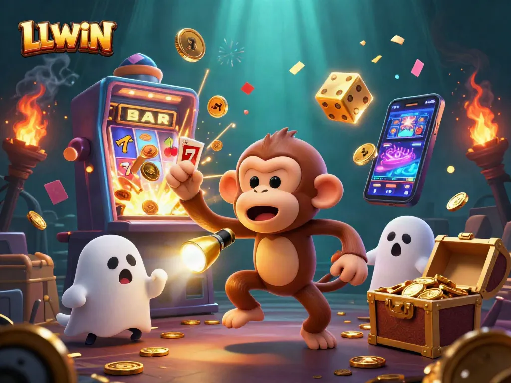Engage with LLWIN in this vibrant scene featuring a playful poltergeist monkey juggling casino treasures.