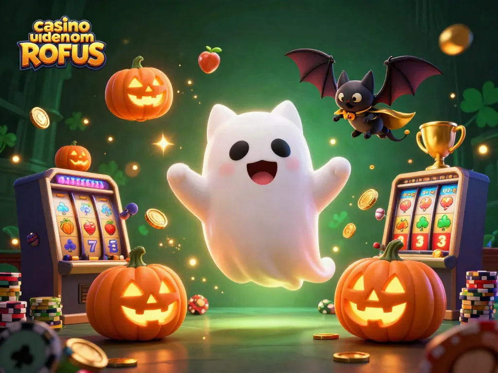 Play at casino uden om ROFUS with ghost cat and vampire bat amidst slot machines and glowing elements.