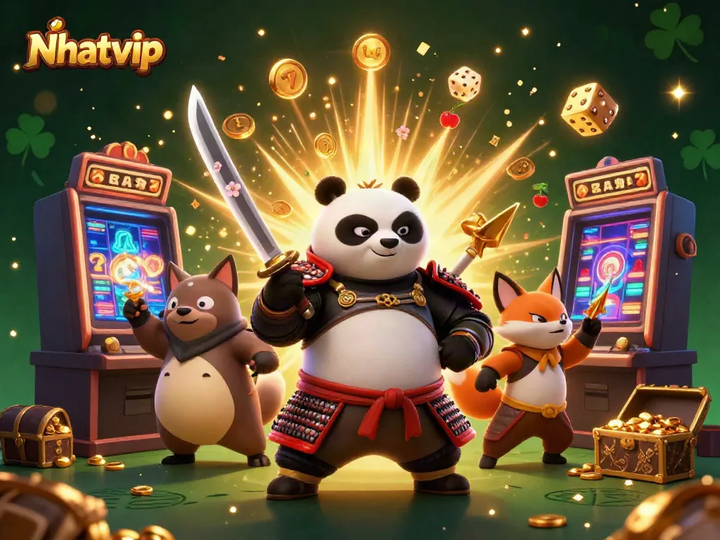 Nhatvip samurai panda battles for jackpots amid a vibrant, chaotic casino scene