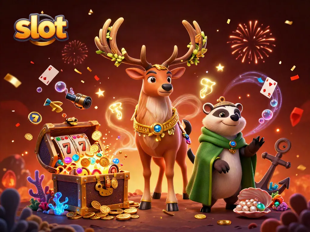 Spin for victory with slot reels in a magical casino-inspired illustration filled with treasures.