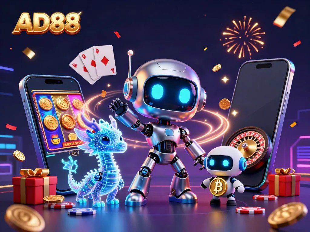 Engage in thrilling gaming experiences with AD88, featuring a stylish cyberpunk robot and dynamic casino elements.