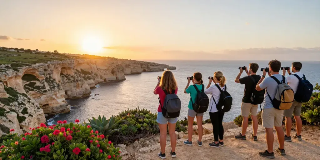 Experience exciting Gozo tours with friends exploring stunning coastal cliffs at sunset