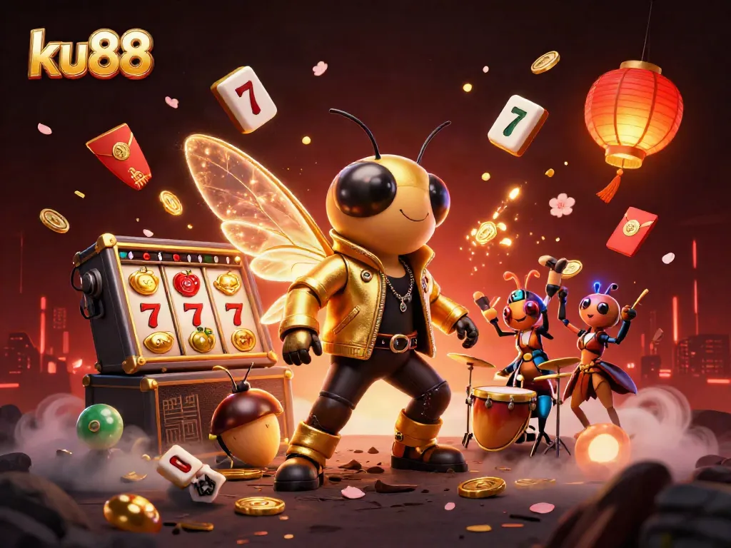 ku88 players joyfully engaging in dynamic slot games with vibrant casino elements around them