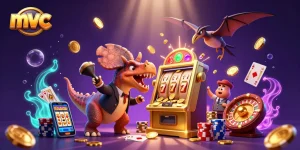 Jackpot spins at mvc casino with cartoon dinosaurs celebrating wins and flying coins