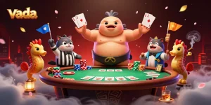 Join the action at vada with a vibrant underwater poker scene featuring a fugu, catfish referee, and seahorse fans.