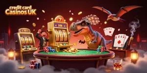 Engaging scene depicting credit card casinos UK with animated characters celebrating slot machine jackpot wins, surrounded by gaming elements.