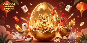Experience thrilling wins at casinos with fast payout, featuring a dynamic dragon-themed 3D illustration.