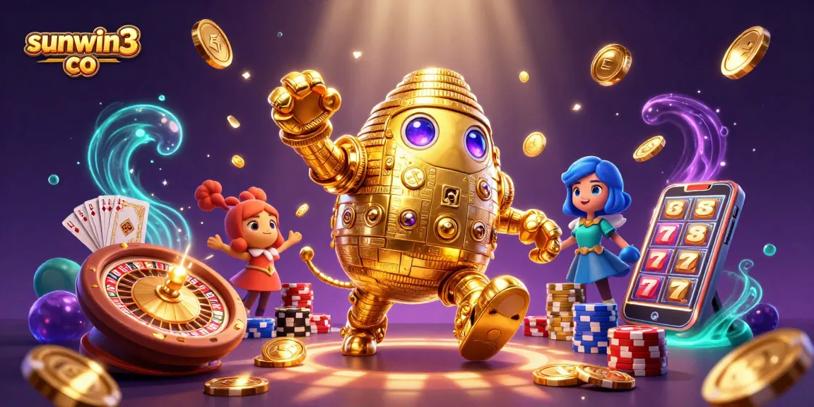 Experience the excitement of sunwin3 co with a golden golem, cascading coins, and dynamic casino elements.