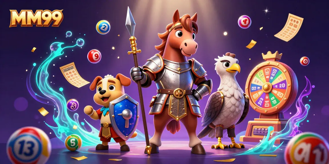 Engage in exciting gameplay with MM99 featuring a knight and puppy amidst vibrant lottery elements.