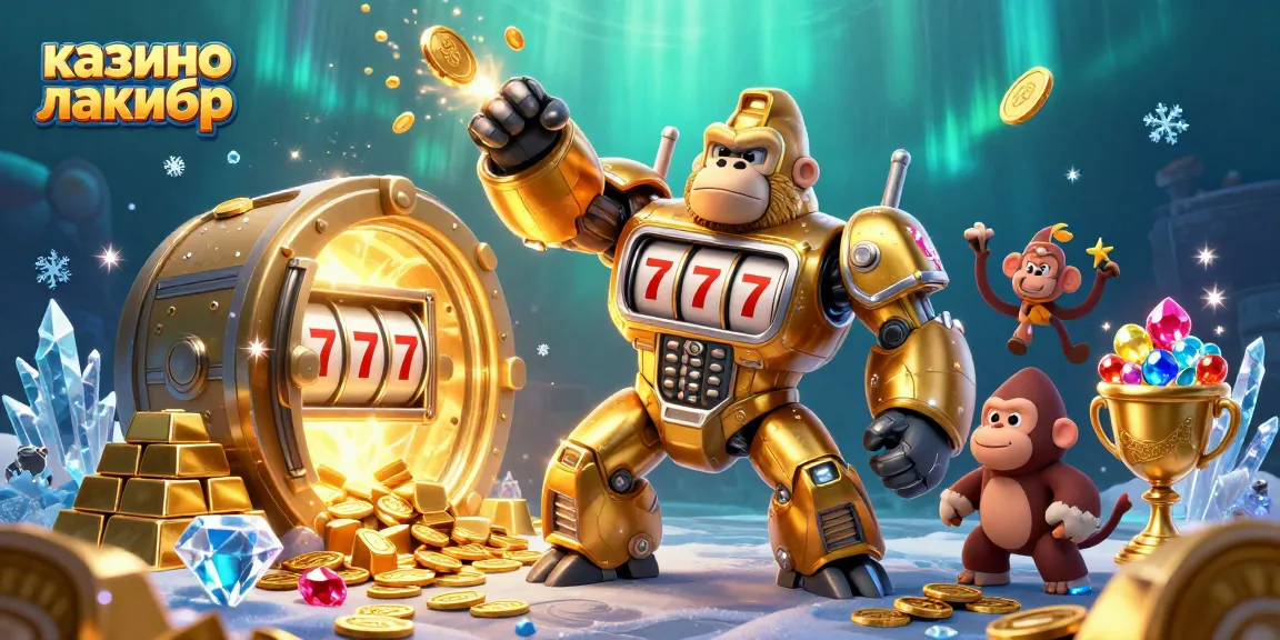 Join the excitement at казино лакибир with a 3D illustration of a golden gorilla mech and treasures.